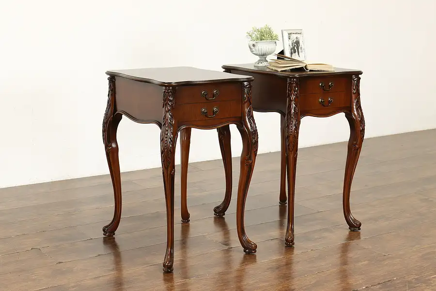 Main image of Pair of Traditional Carved Walnut Vintage Nightstands, End or Lamp Tables