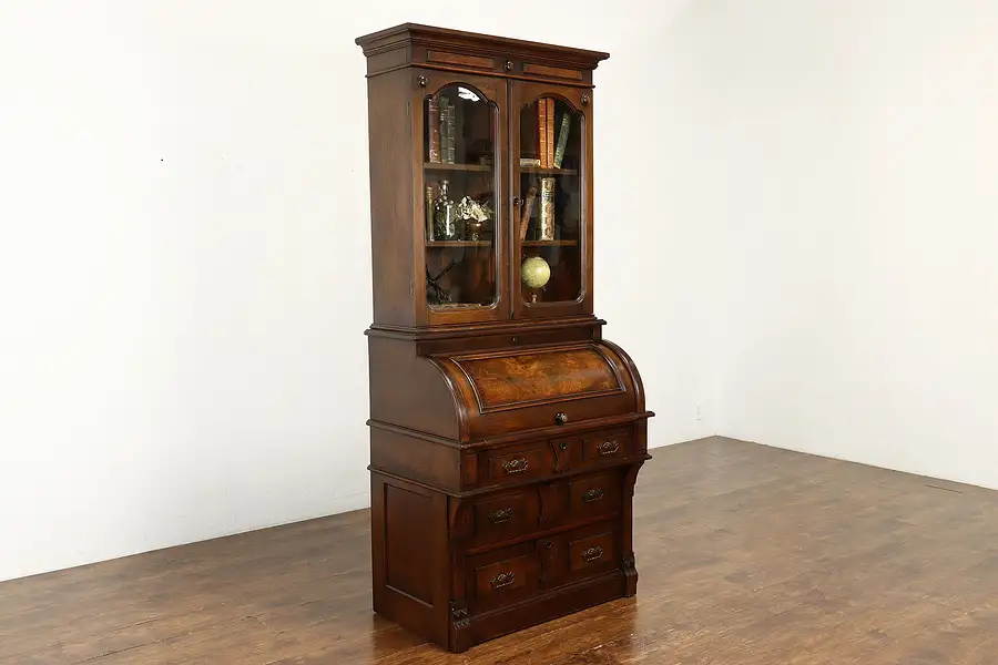 Main image of Victorian Eastlake Antique Walnut Cylinder Secretary Desk & Bookcase