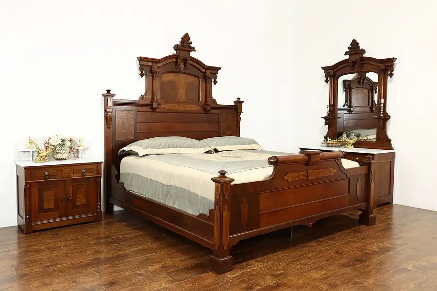 Main image of Victorian Renaissance Antique Walnut & Marble 3 Pc Bedroom Set, King Size