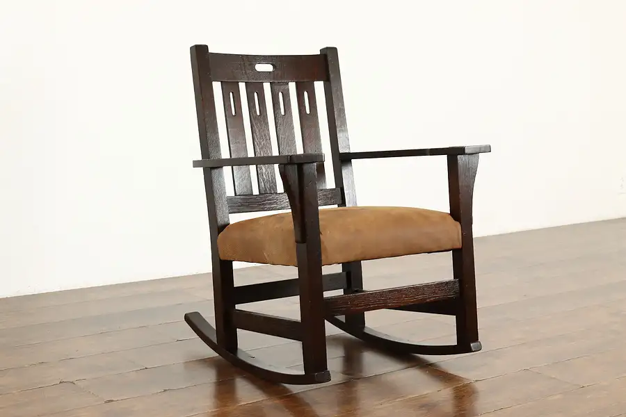 Main image of Arts & Crafts Mission Oak Antique Rocker Craftsman Rocking Chair, Leather