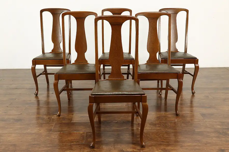 Main image of Set of 6 Antique Carved Oak Dining Chairs, Original Leather Seats