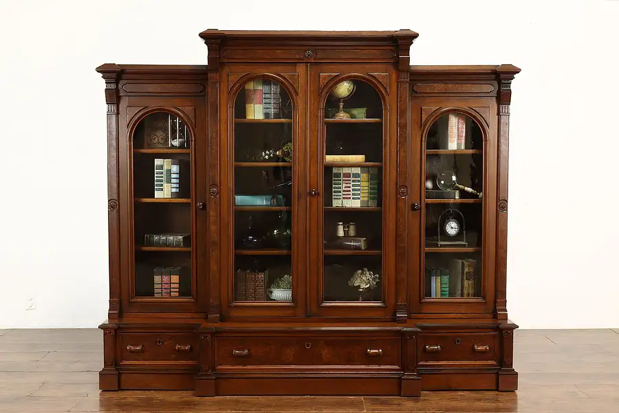 Main image of Victorian Antique Carved Walnut & Burl Library or Office Bookcase