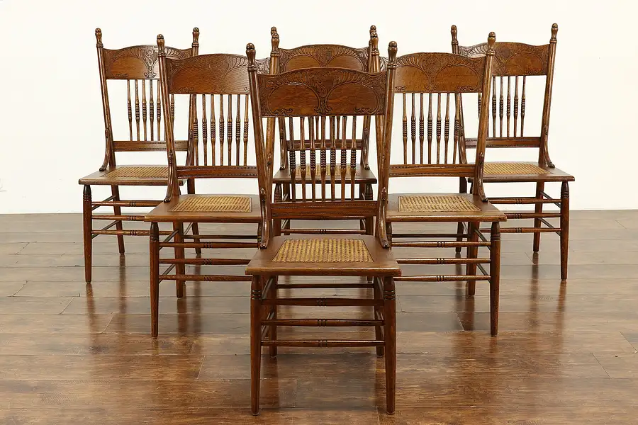 Main image of Farmhouse Set of 6 Victorian Antique Oak Pressback Carved Dining Chairs