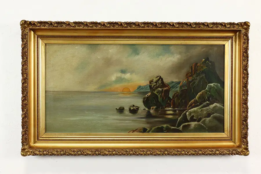 Main image of Rocky Shore at Sunset Antique Original Oil Painting, Potthast 44.5"