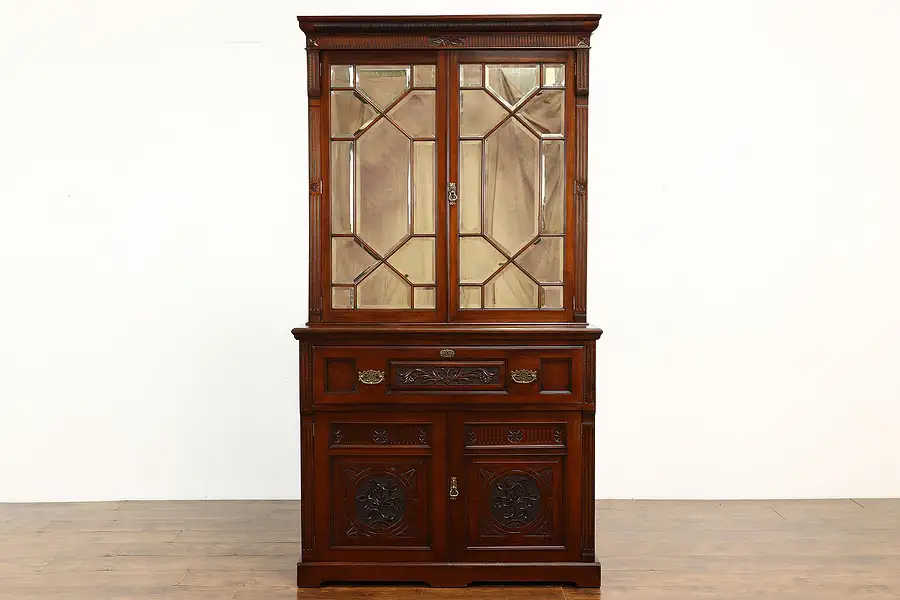 Main image of English Antique Butler Secretary Office Desk & Bookcase, Mirrored Doors