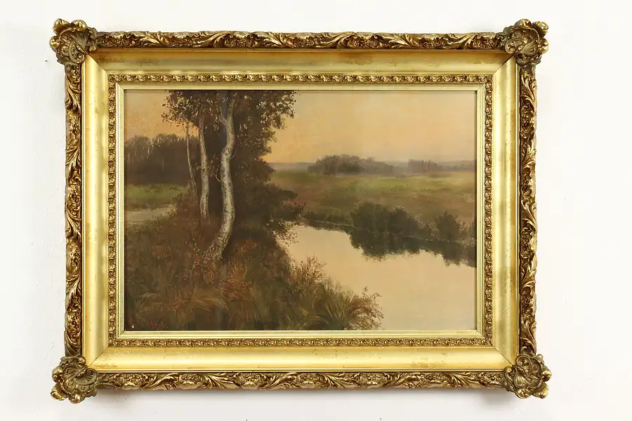 Main image of Birches & Stream at Sunset Antique Print of Painting, Weneke 40.5"