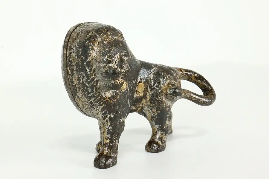 Main image of Farmhouse Antique Painted Cast Iron Lion Sculpture, Bronze Pegs