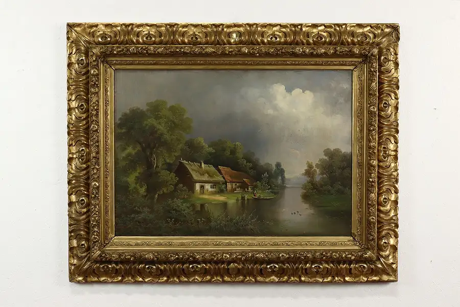 Main image of Cottages on a Pond & Birds Antique Original Oil Painting Dortscki 48.5"