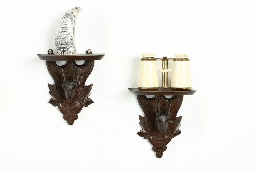 Main image of Pair of Black Forest Vintage Carved Mountain Goat Sculpture Wall Shelves