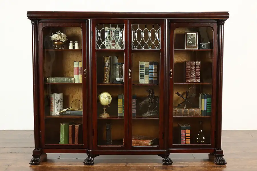 Main image of Empire Antique Mahogany 4 Door Office Bookcase, Leaded Glass, Paw Feet