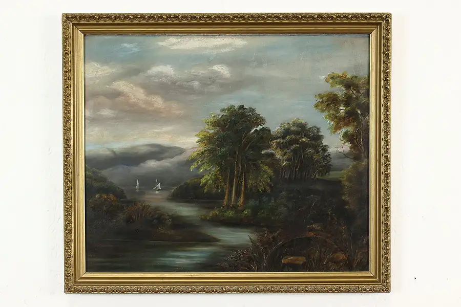 Main image of Forest & Sailboats Antique Original Oil Painting 21"