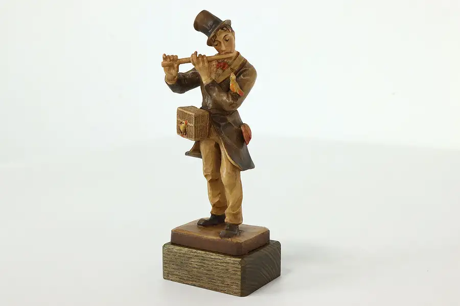 Main image of Swiss Hand Carved Vintage Folk Art Statue, Flute Player Sculpture