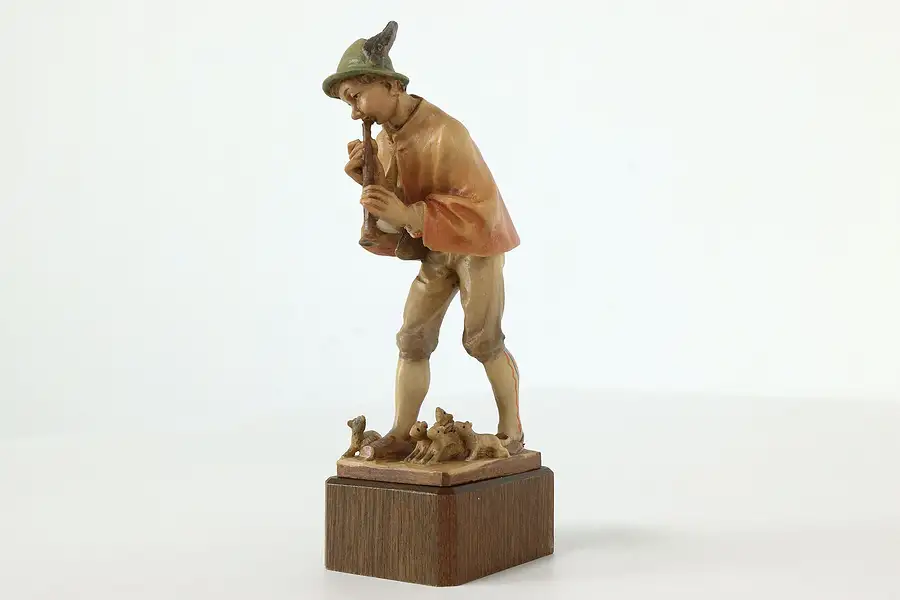 Main image of Swiss Hand Carved Vintage Folk Art Statue, Pied Piper Sculpture with Rats