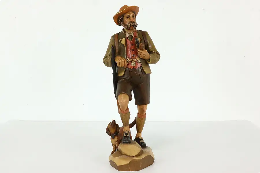 Main image of Swiss Hand Carved Vintage Smoking Hunter and Dog Sculpture, Dobin