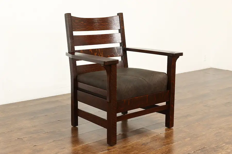 Main image of Arts & Crafts Mission Oak Antique Craftsman Leather Chair, Grand Rapids