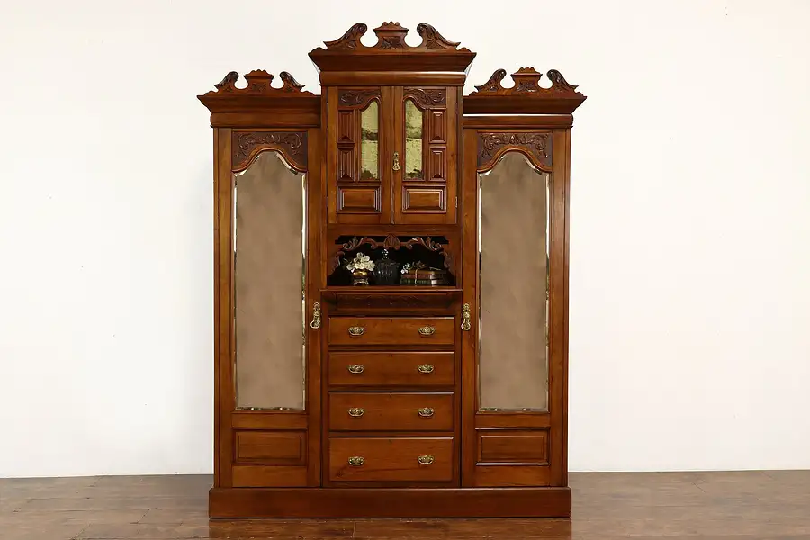 Main image of Victorian English Antique Walnut Armoire Wardrobe or Closet Secret Drawer