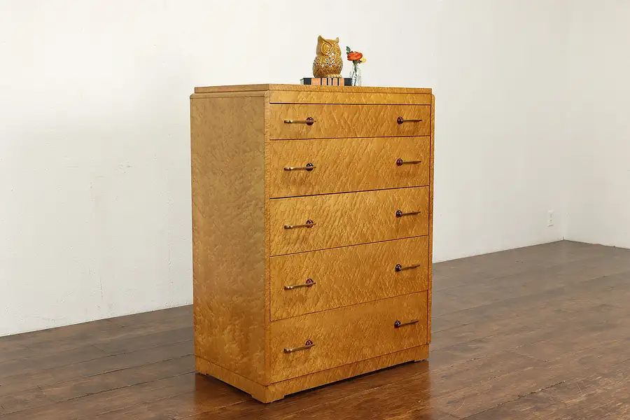 Main image of Midcentury Modern Vintage Birdseye Maple Chest or Dresser, Bakelite Pulls