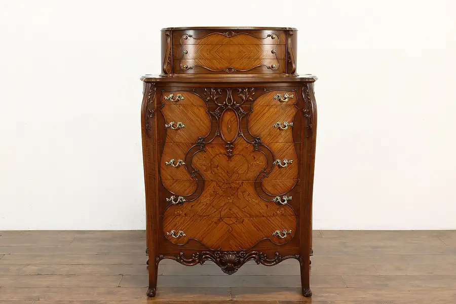 Main image of French Style Antique Carved Walnut & Satinwood Highboy, Tall Chest