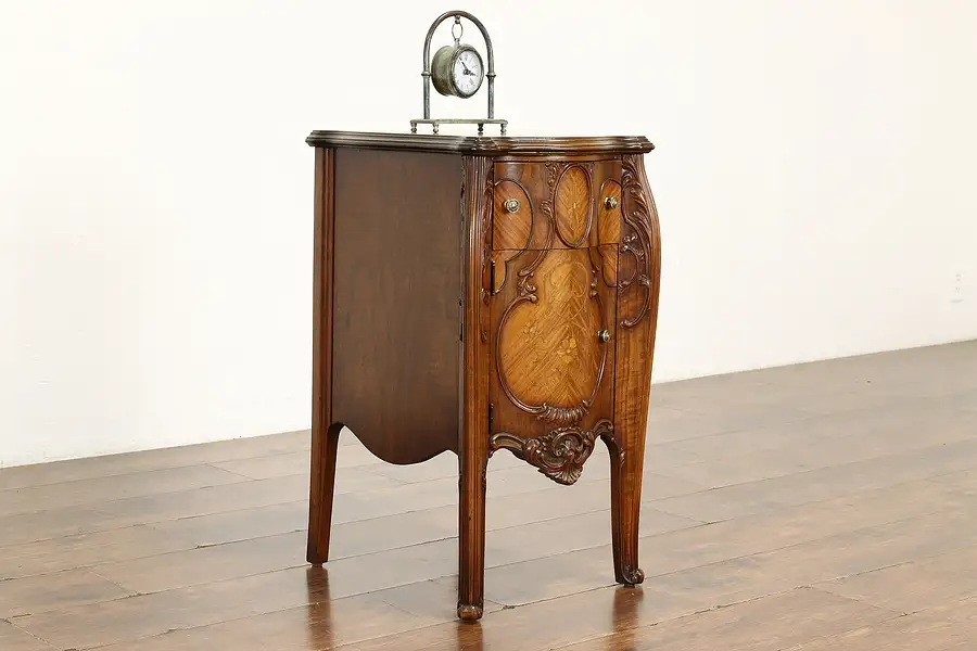 Main image of French Style Antique Carved Walnut & Satinwood Nightstand, Lamp Table