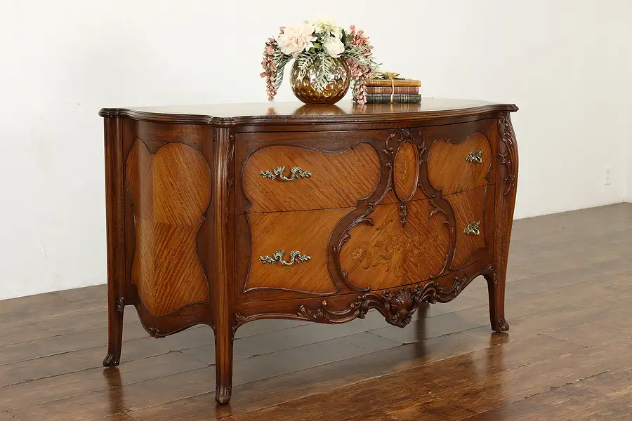 Main image of French Style Antique Carved Walnut & Satinwood Demilune Chest or Console