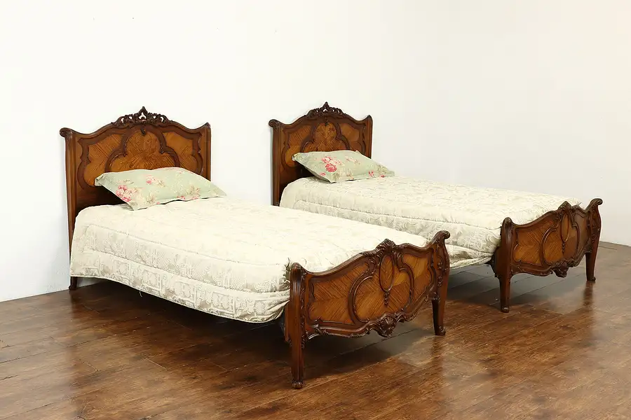 Main image of Pair of French Style Antique Carved Walnut & Satinwood Twin Beds