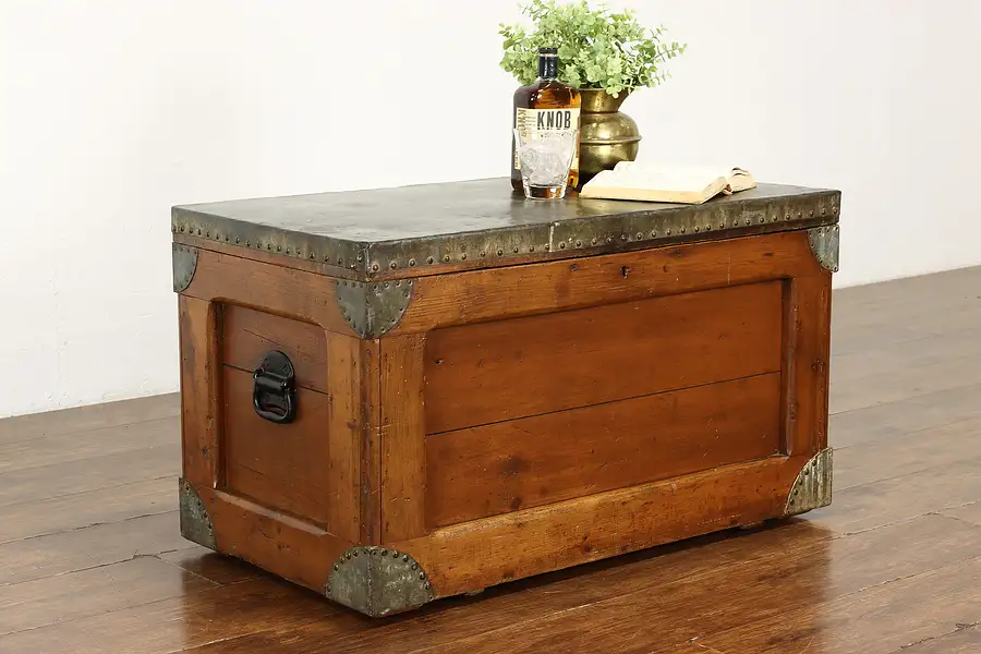 Main image of Farmhouse Antique Country Pine Trunk Blanket Chest, Coffee Table, Tin Top