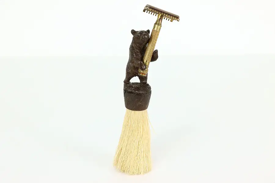 Main image of Black Forest Antique Shaving Brush Hand Carved Bear Handle