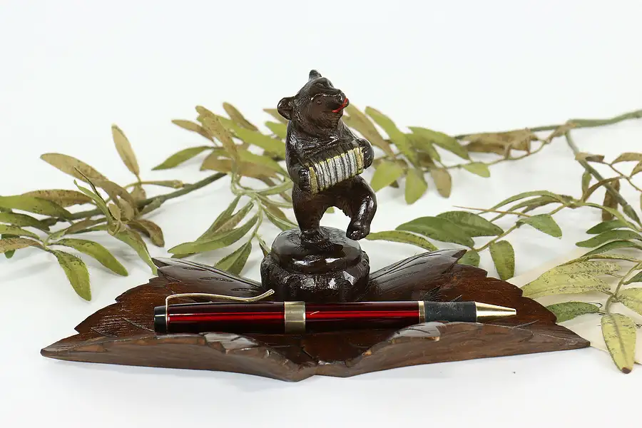 Main image of Black Forest Antique Pen or Jewelry Tray Carved Bear Playing Accordion