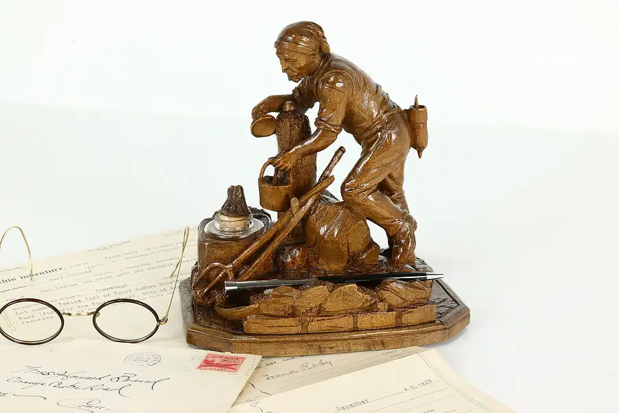 Main image of Black Forest Carved Antique Swiss Sculpture Tree Tapping Antique Inkwell