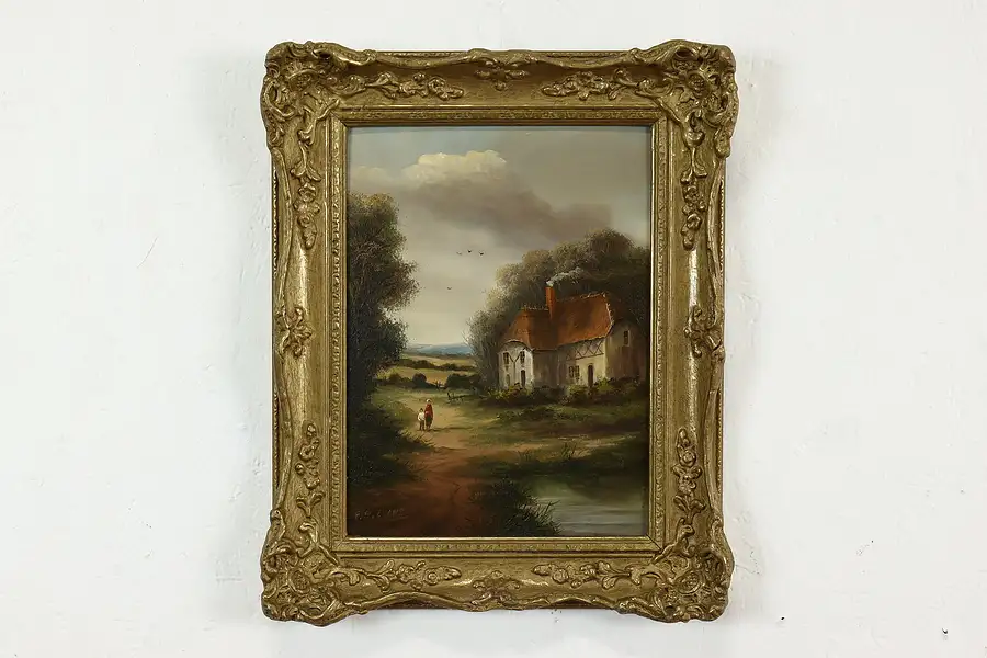 Main image of Mother & Child, Thatch Farmhouse Antique Original Oil Painting Evans 16"