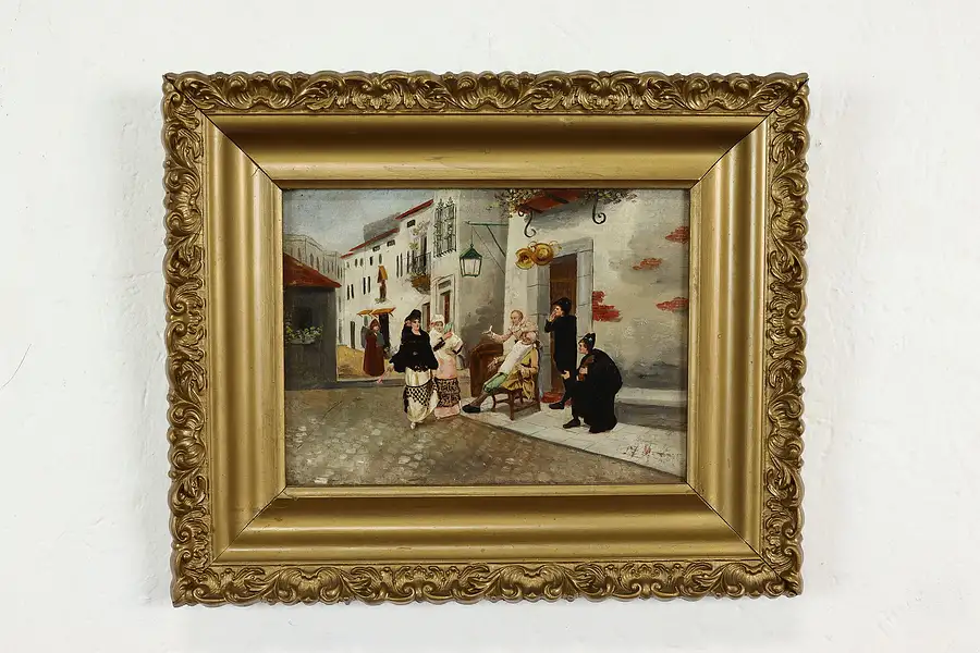 Main image of Village Barber & Shopping Women Vintage Original Oil Painting 13"