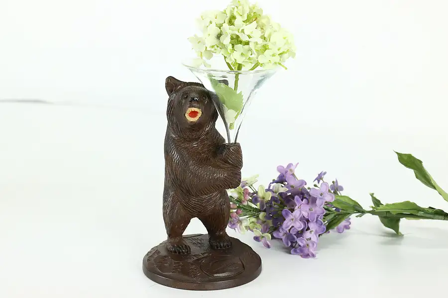 Main image of Black Forest Antique Carved Bear Sculpture with Glass Bud Vase