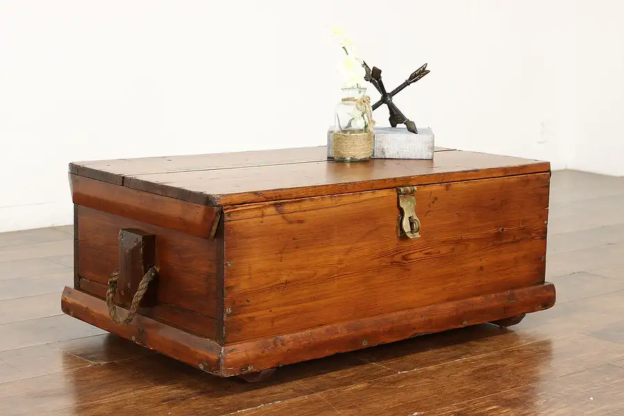 Main image of Farmhouse Pine Antique Captain's Trunk, Chest, Coffee Table, Rope Handles