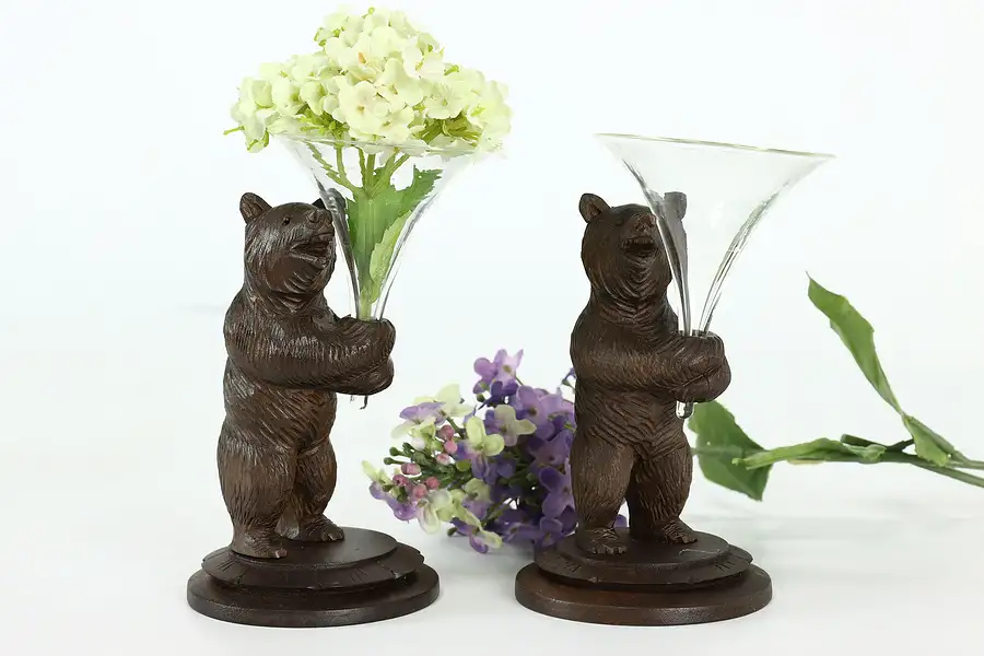 Main image of Pair of Black Forest Antique Carved Bear Sculptures with Glass Bud Vases