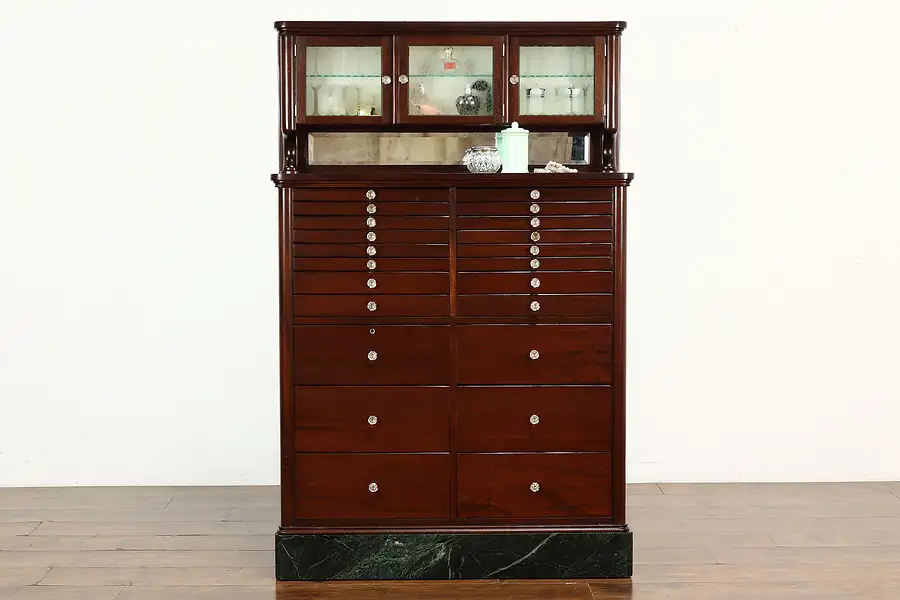 Main image of Dentist Antique Mahogany Dental, Jewelry, Collector Cabinet, Marble Base