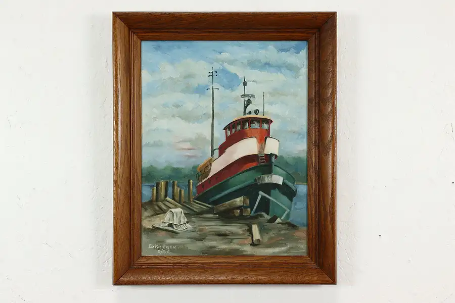 Main image of Tugboat at Harbor Dock Vintage Original Oil Painting, Krieger 22"