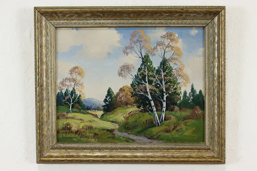 Main image of Forest, Birches & Stream Vintage Original Oil Painting Fredericks 18"