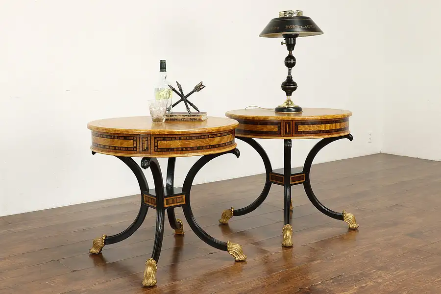 Main image of Pair of Regency Style Vintage Satinwood Drum Lamp Tables, Ferguson