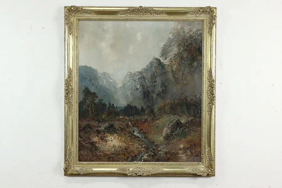 Main image of Mountain Valley Stream Landscape Vintage Original Oil Painting Bauer 37"