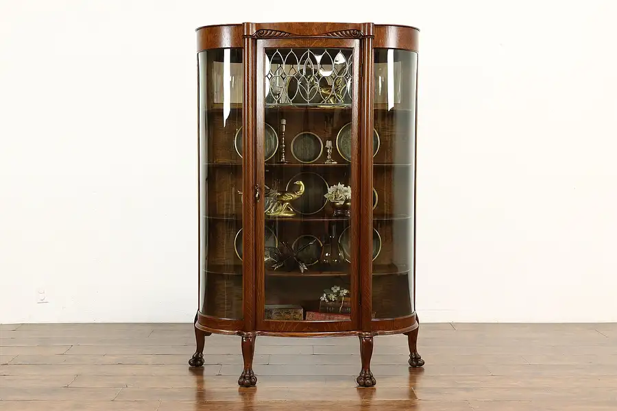 Main image of Victorian Oak Curved & Leaded Glass China or Curio Cabinet, Paw Feet