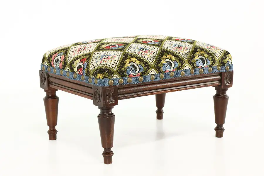 Main image of French Design Antique Carved Fruitwood Footstool, New Upholstery