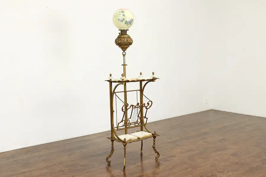 Main image of Victorian Antique Oil Piano Lamp & Music Stand, Onyx & Brass