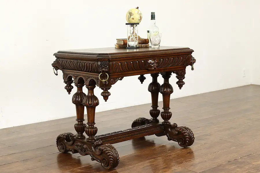 Main image of Renaissance Design Antique Italian Oak Library Table or Desk Carved Lions