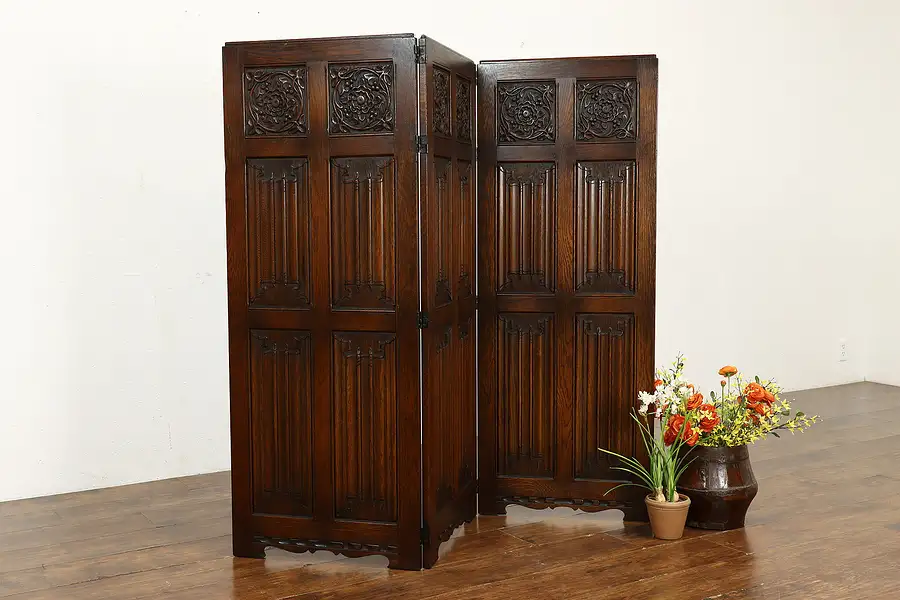 Main image of Renaissance Design Antique Oak 3 Panel Screen, Linenfold Carved