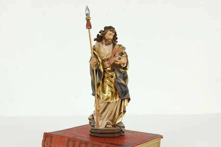 Main image of Saint Thomas the Apostle Vintage Hand Carved Painted Alpine Sculpture