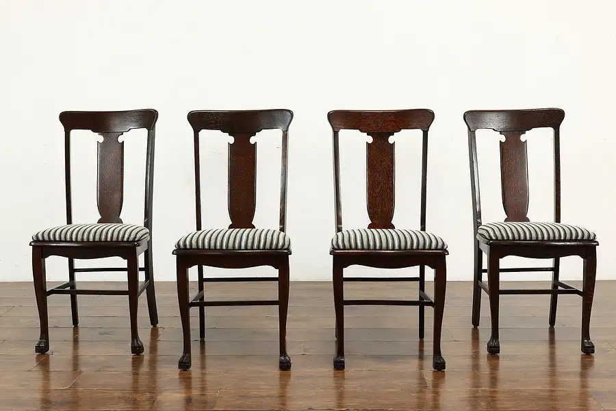 Main image of Victorian Set of 4 Oak Antique Dining Chairs, Paw Feet, New Upholstery