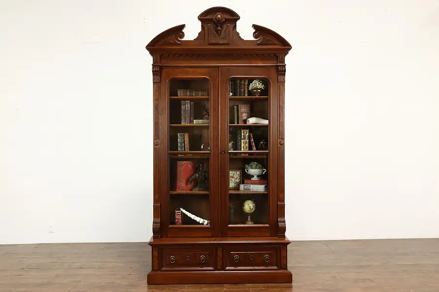 Main image of Victorian Antique Walnut & Burl Office or Library Bookcase, Wavy Glass