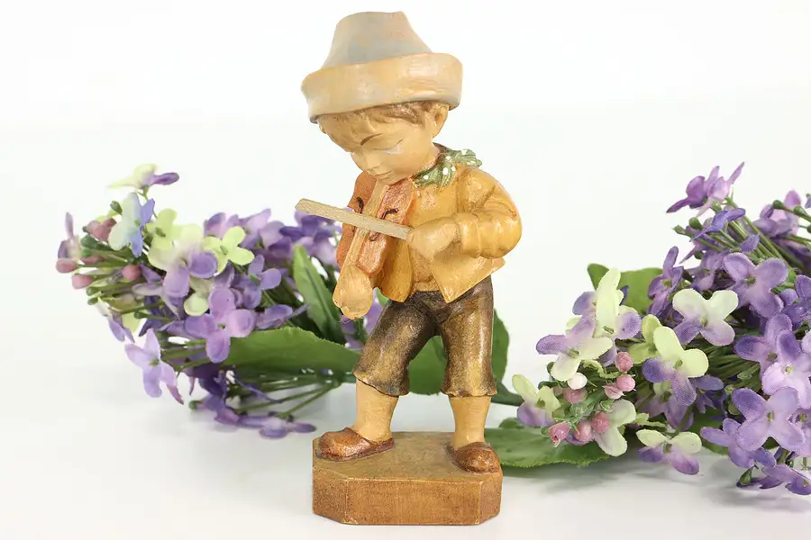 Main image of Hand Carved Vintage Alpine Young Boy Playing Fiddle Sculpture