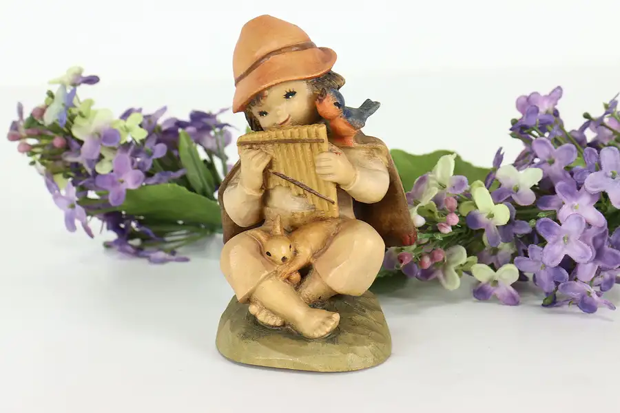 Main image of Hand Carved Vintage Young Boy Playing Pan Flute Alpine Sculpture Anri