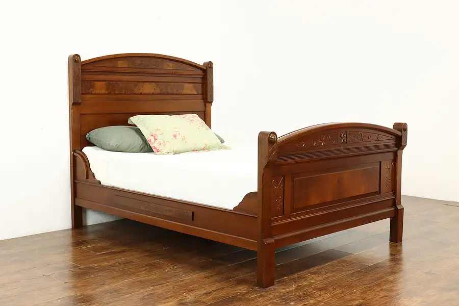 Main image of Victorian Eastlake Carved Walnut & Burl Full Size Bed, Spoon Carving